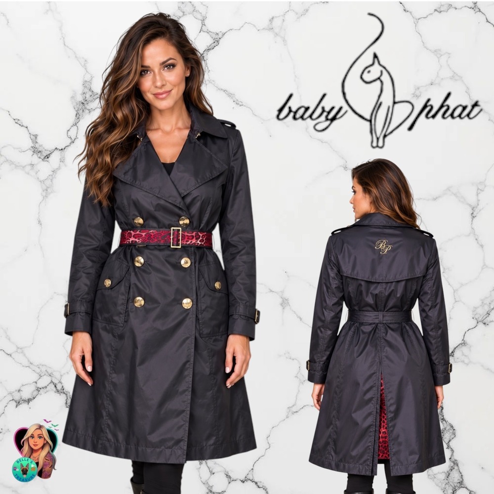 Baby Phat Black Belted Trench Coat Women's XL Red Leopard Print Y2K Baddie VTG